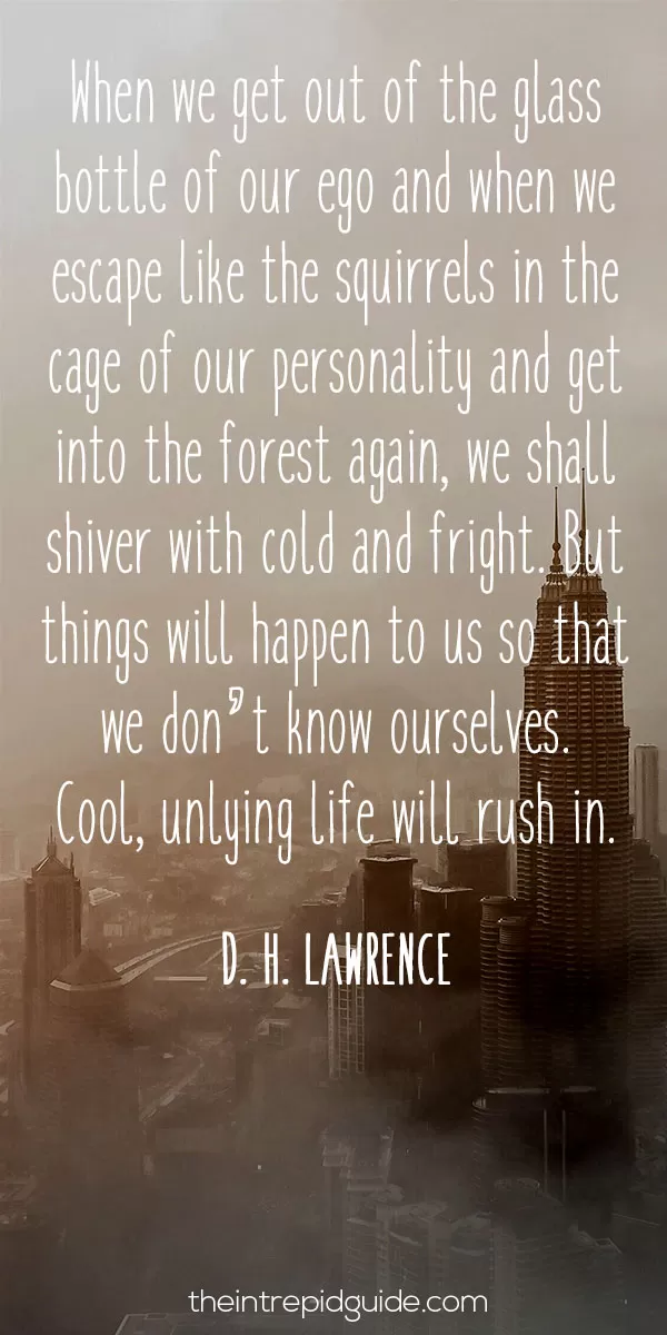best inspirational travel quotes - When we get out of the glass bottle of our ego and when we escape like the squirrels in the cage of our personality and get into the forest again, we shall shiver with cold and fright. But things will happen to us so that we don’t know ourselves. Cool, unlying life will rush in. – D. H. Lawrence