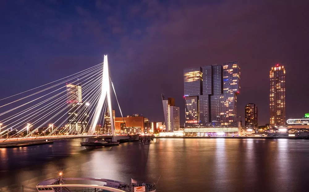 best things to do in rotterdam - view from hotel room at thon hotel at night