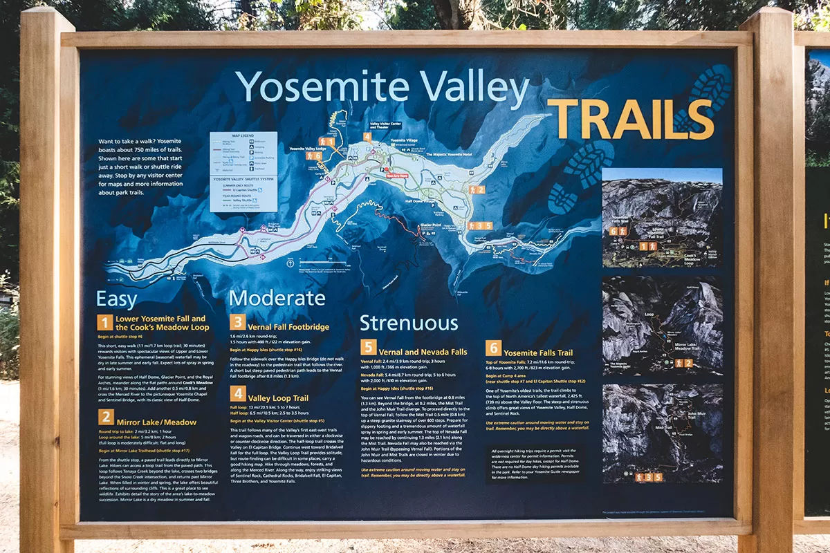 Yosemite Itinerary - Yosemite Valley Hiking Trails Information Board