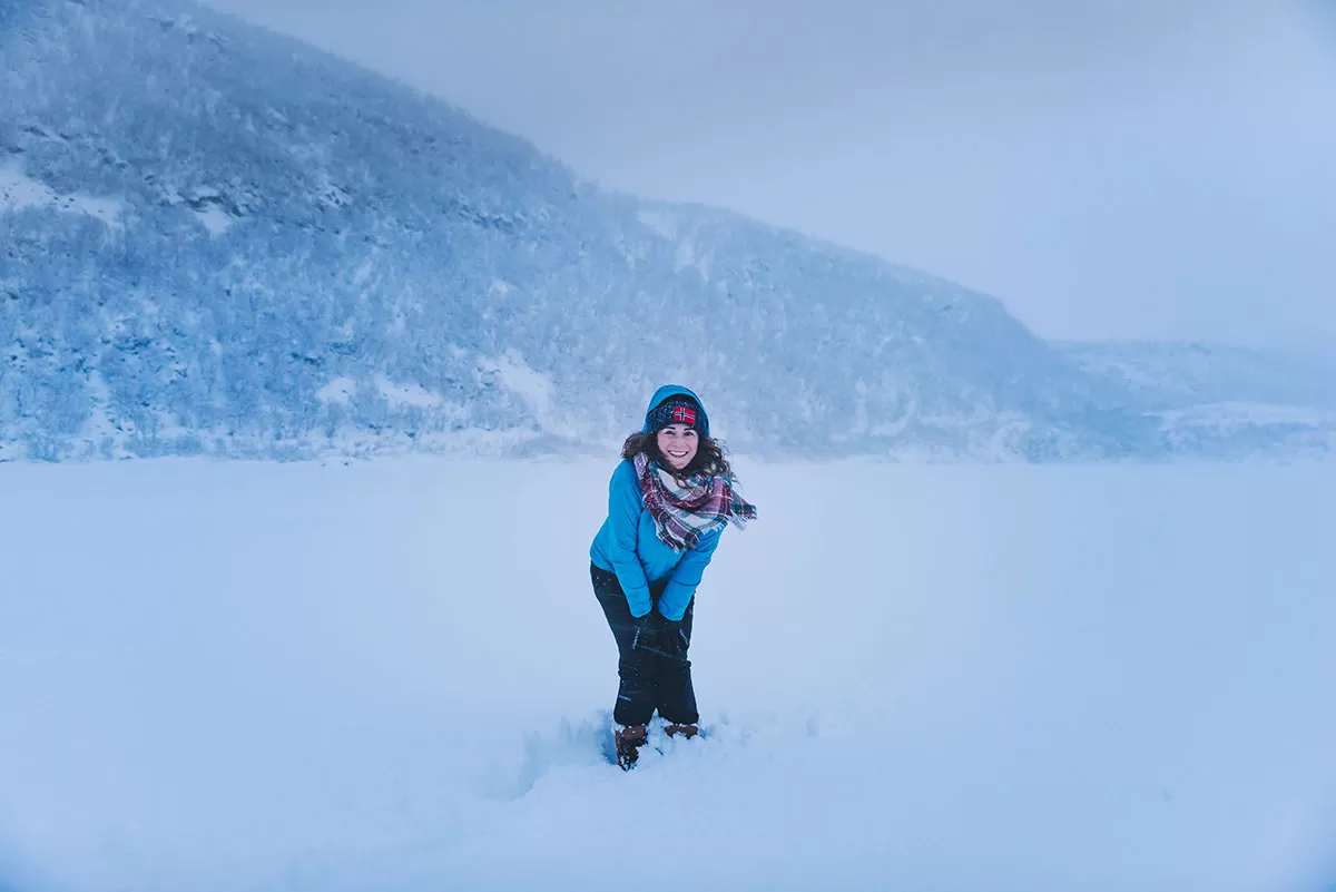 Arctic Fjord Tromsø Road Trip Norway - Standing on Frozen Lake Litlevatnet
