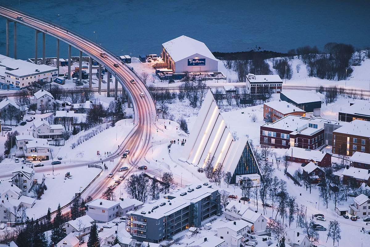 Best Things to do in Tromso in Winter - View of Arctic Cathedral from Fjellheisen