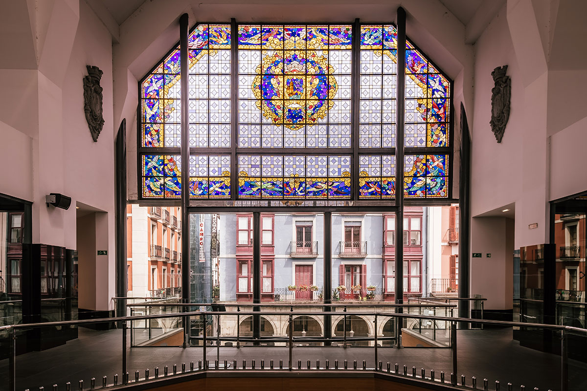 Best things to do in Bilbao Spain - La Mercado de la Ribera Stain glass window