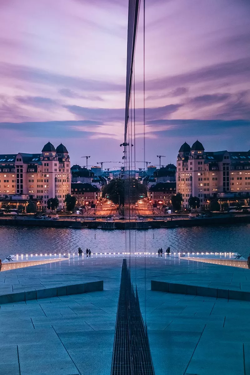 Free things to do in Oslo, Norway - Oslo Opera House sunset reflection