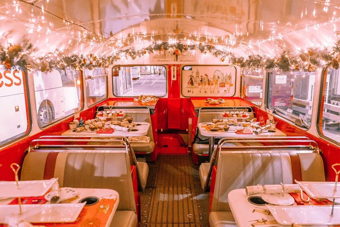 london tour bus with afternoon tea