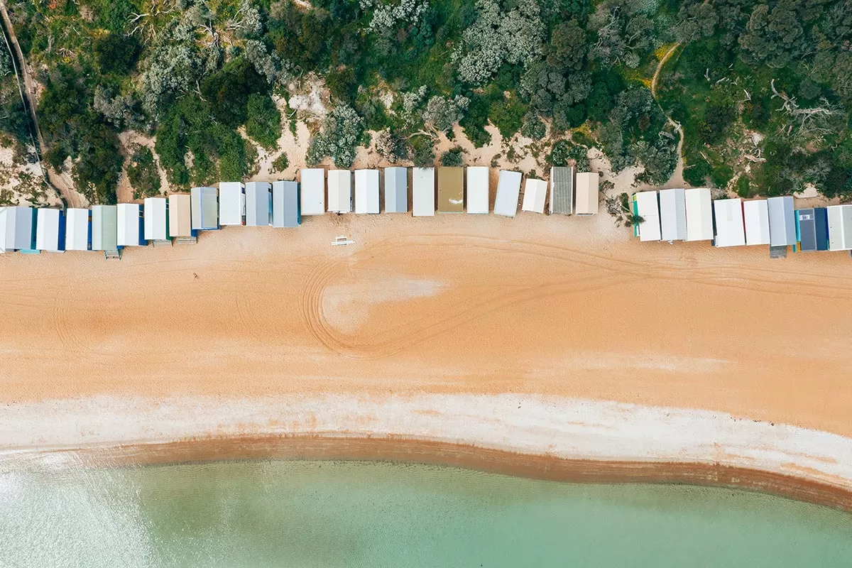 Top things to do on the Mornington Peninsula - Mt Martha beach boxes from above