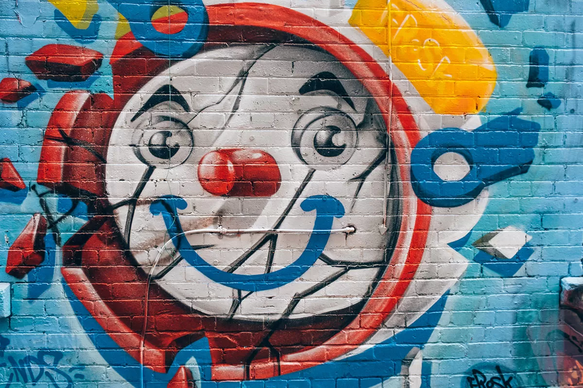 Melbourne Street Art Map - Blender Lane - Clown clockface mural