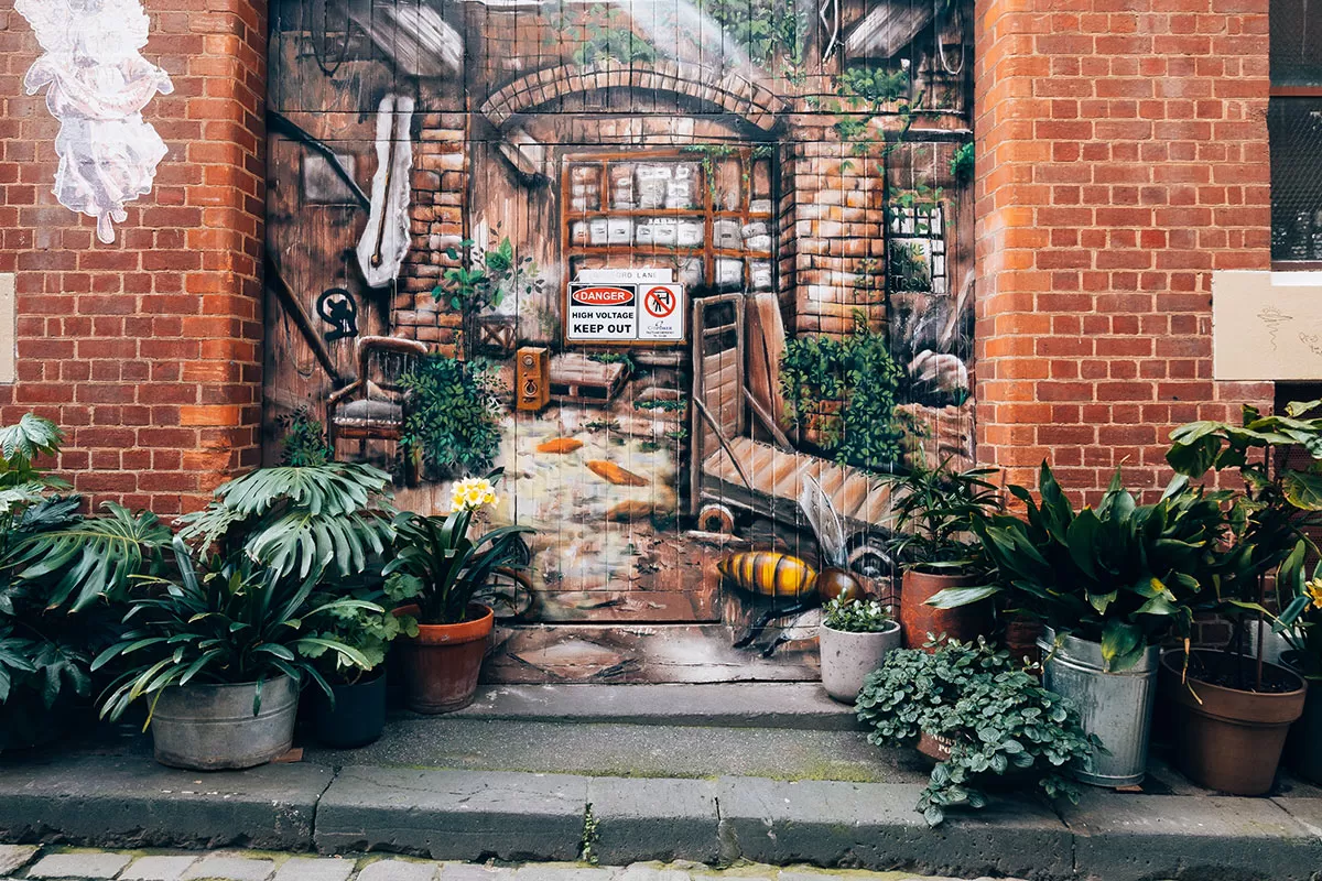 Melbourne Street Art Map - Guildford Lane - Pot Plants and Mural by Mike Makatron
