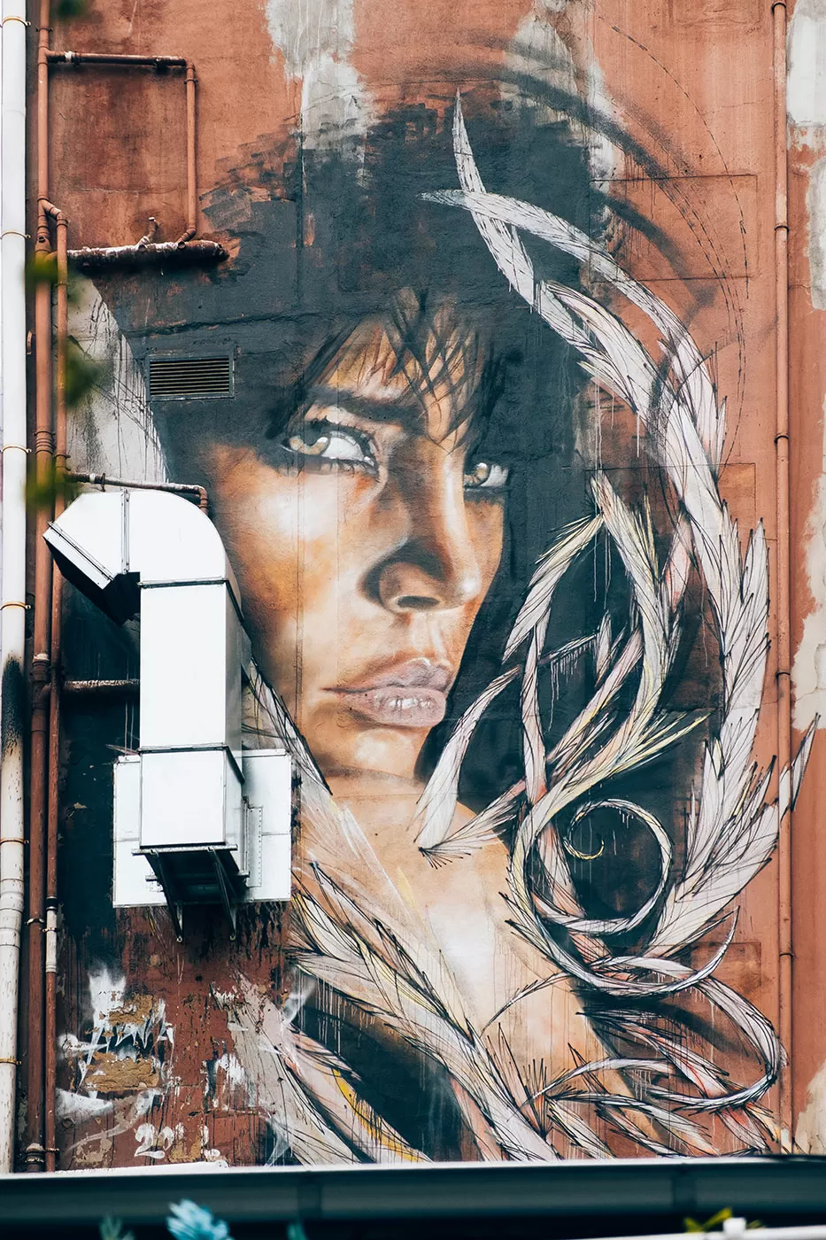 Melbourne Street Art Map - Stevenson Lane - Mural of a girl with feathers by Adnate