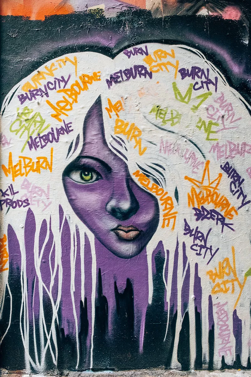 Melbourne Street Art Map - Union Lane - Mural of girl wtih purple skin