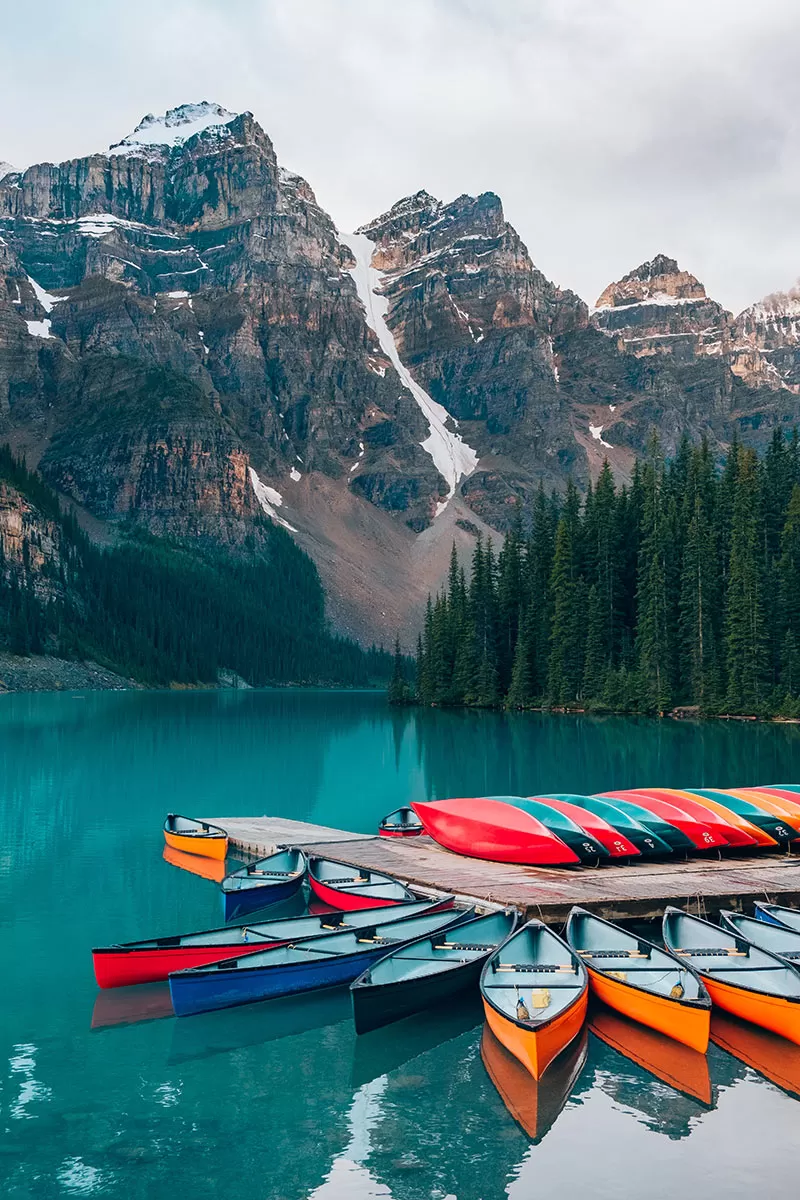 How to get to Banff National Park - Colourful kayaks at Lake Louise