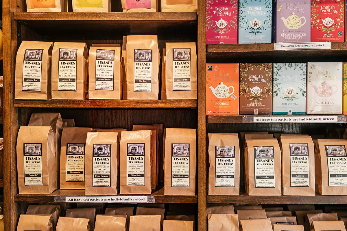 Best Things to Do in Broadway - The Cotswolds - Wall of Tea at Tisanes Tea Room