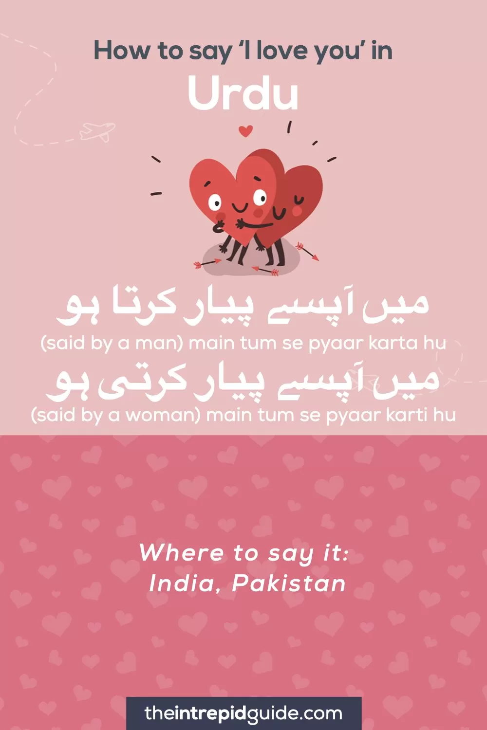 How to say I love you in different languages - Urdu - میں آپسے پیار کرتا ہو (said by a man), میں آپسے پیار کرتی ہو (said by a woman)