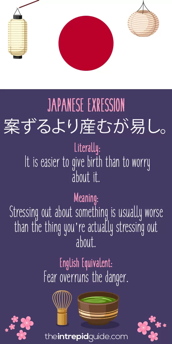 Japanese Idioms - Doing something is easier than worrying about it. It is easier to do something than worry about it. Fear overruns the danger