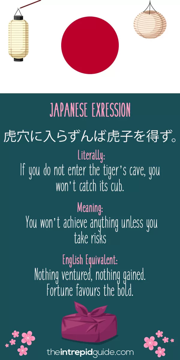 Japanese Idioms - Nothing ventured, nothing gained. Fortune favours the bold