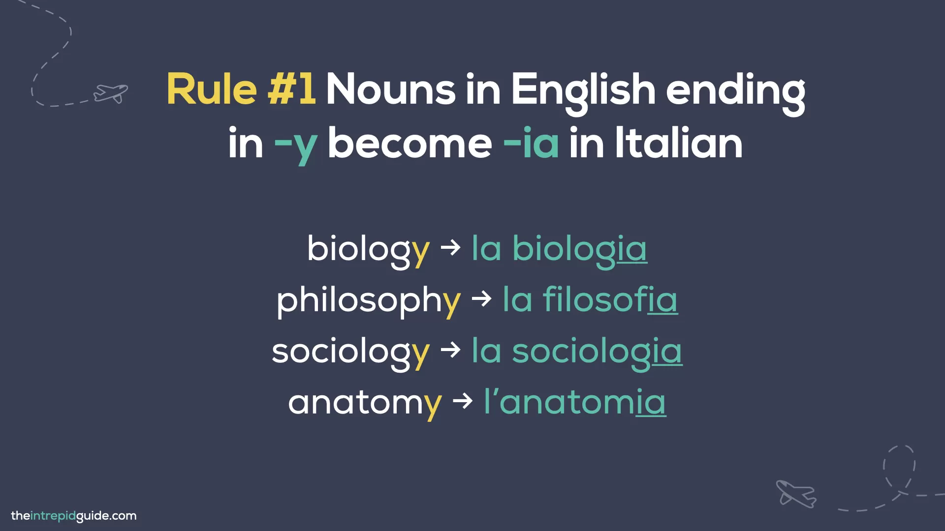 Italian cognates and loan words - Rule 1 - Nouns in English ending in -y become -ia in Italian