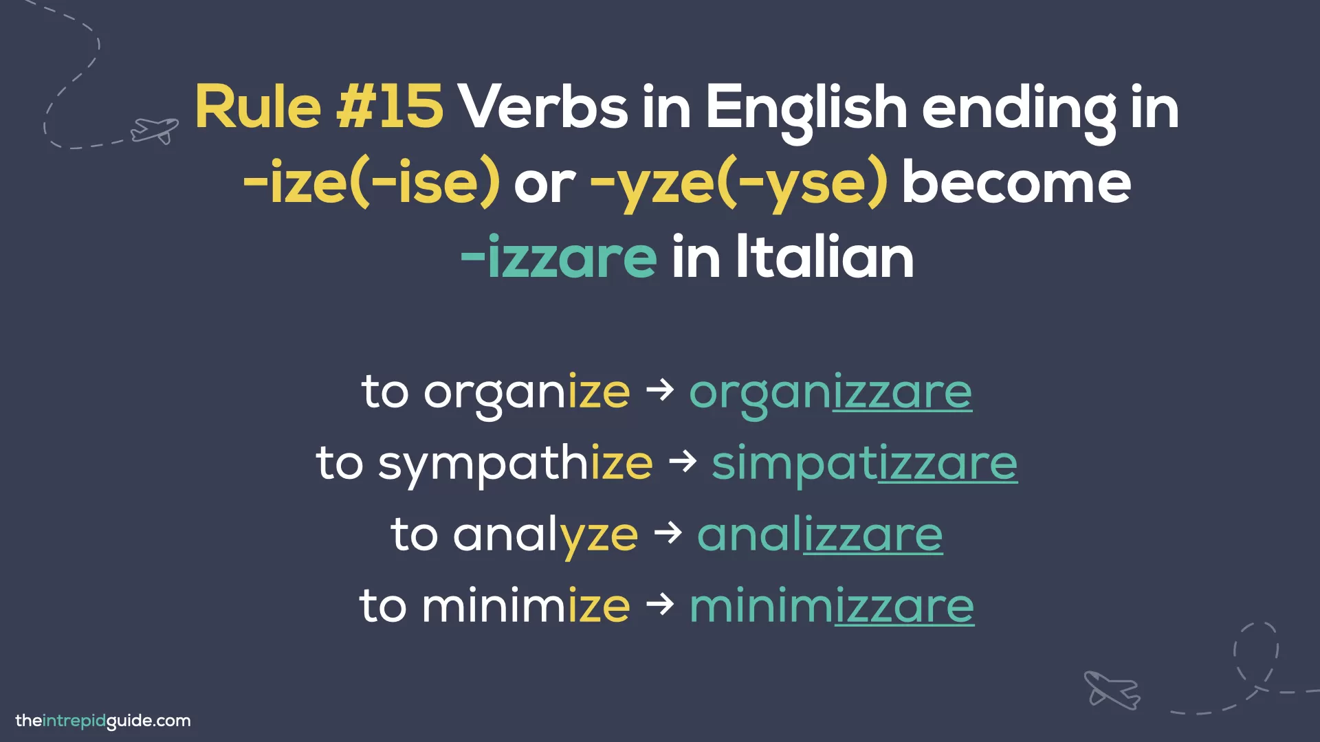 Italian cognates and loan words - Rule 15 - Verbs in English ending in -ize or -yze become -izzare in Italian