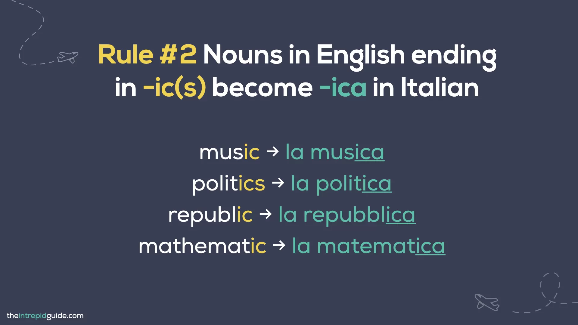 Italian cognates and loan words - Rule 2 - Nouns in English ending in -ic(s) become -ica in Italian