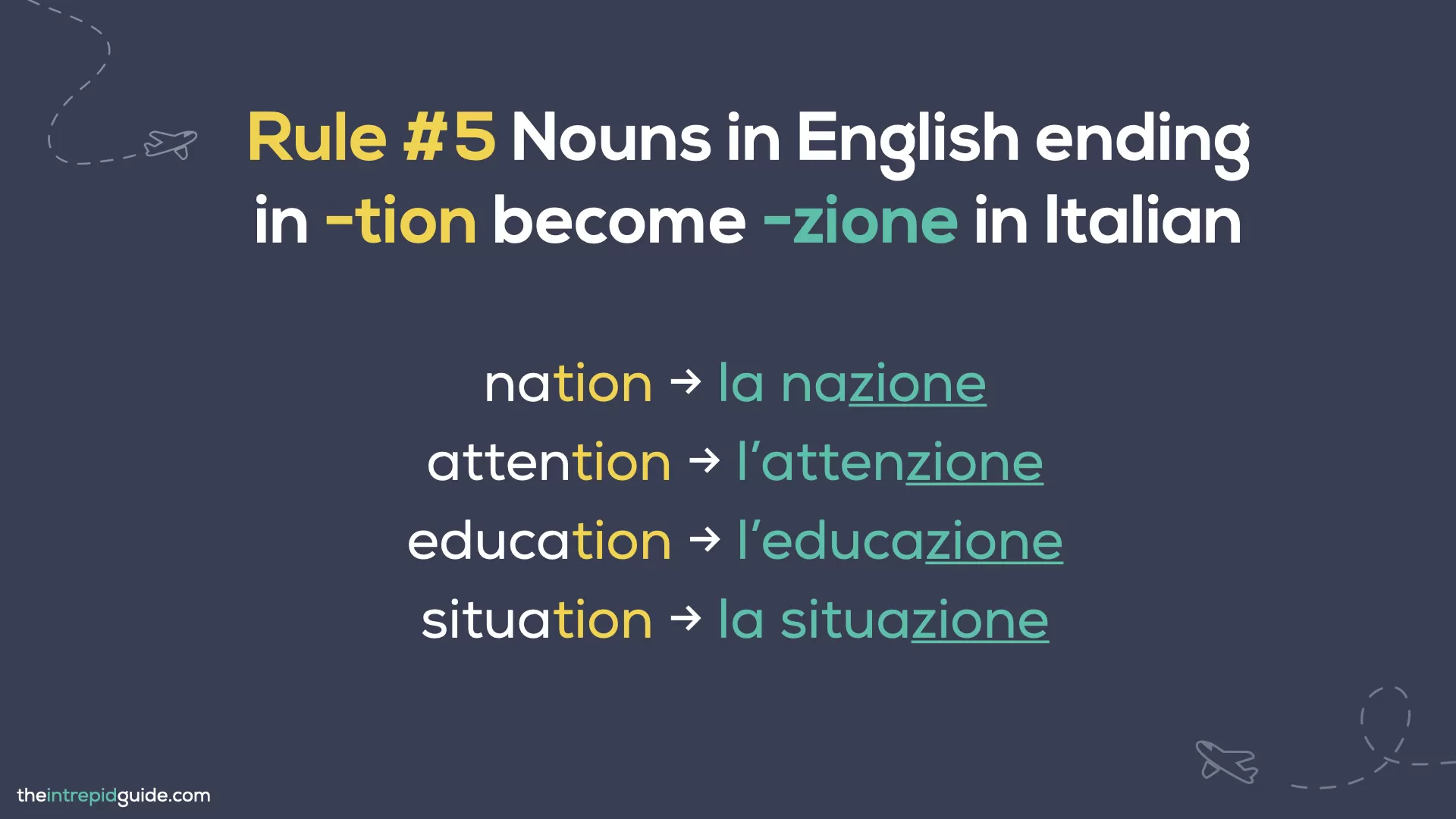 Italian cognates and loan words - Rule 5 - Nouns in English ending in -tion become -zione in Italian