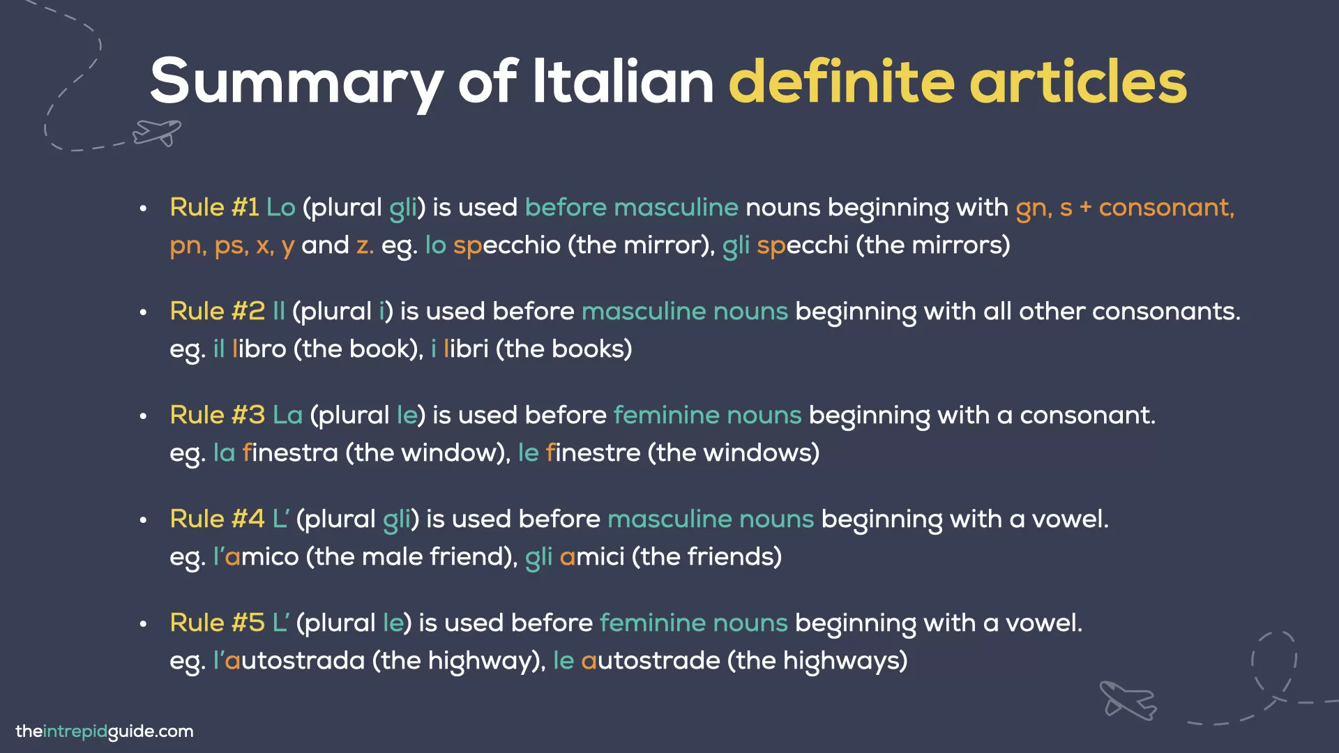 Gender of Italian nouns guide - Summary of Italian Definite Articles
