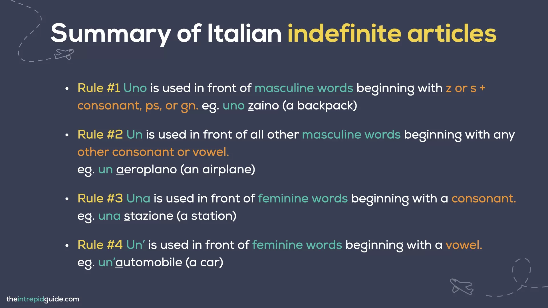 Gender of Italian nouns guide - Summary of Italian Indefinite Articles