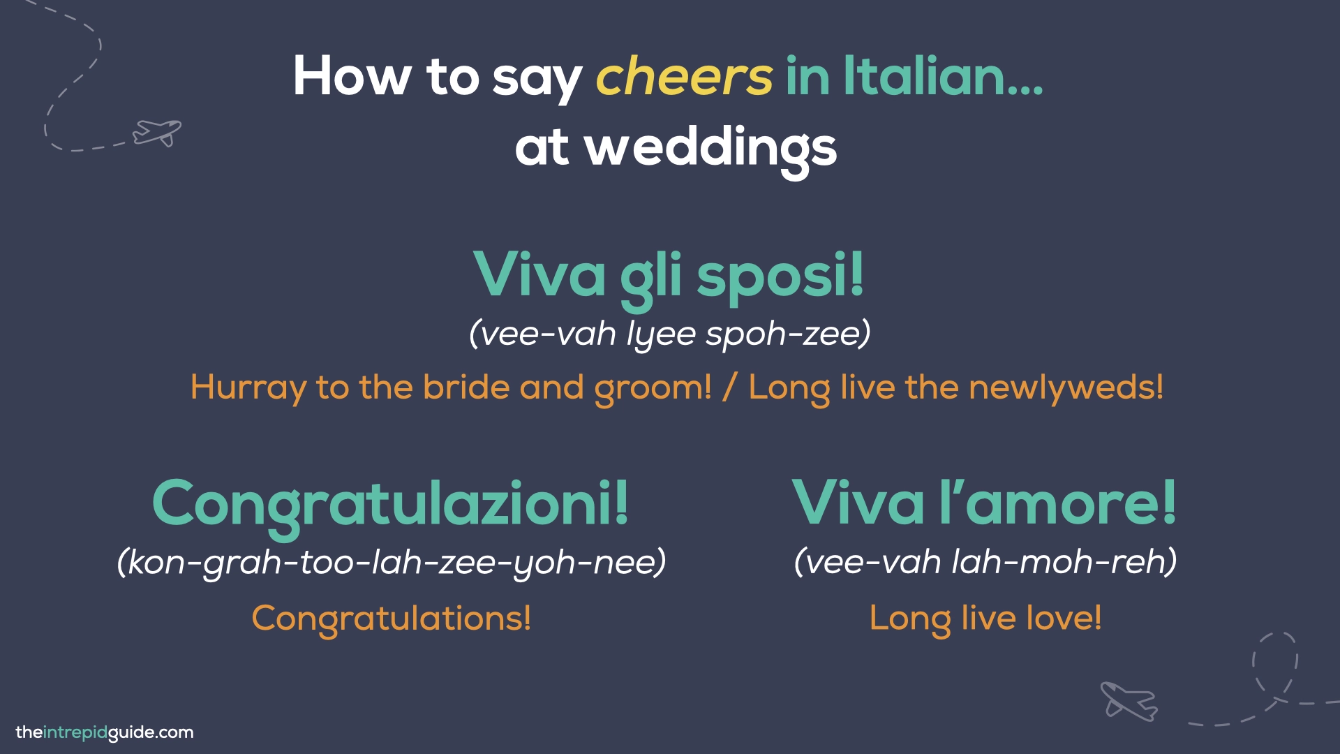 How to say cheers in Italian - Viva gli sposi, Congratulazioni, Viva l'amore