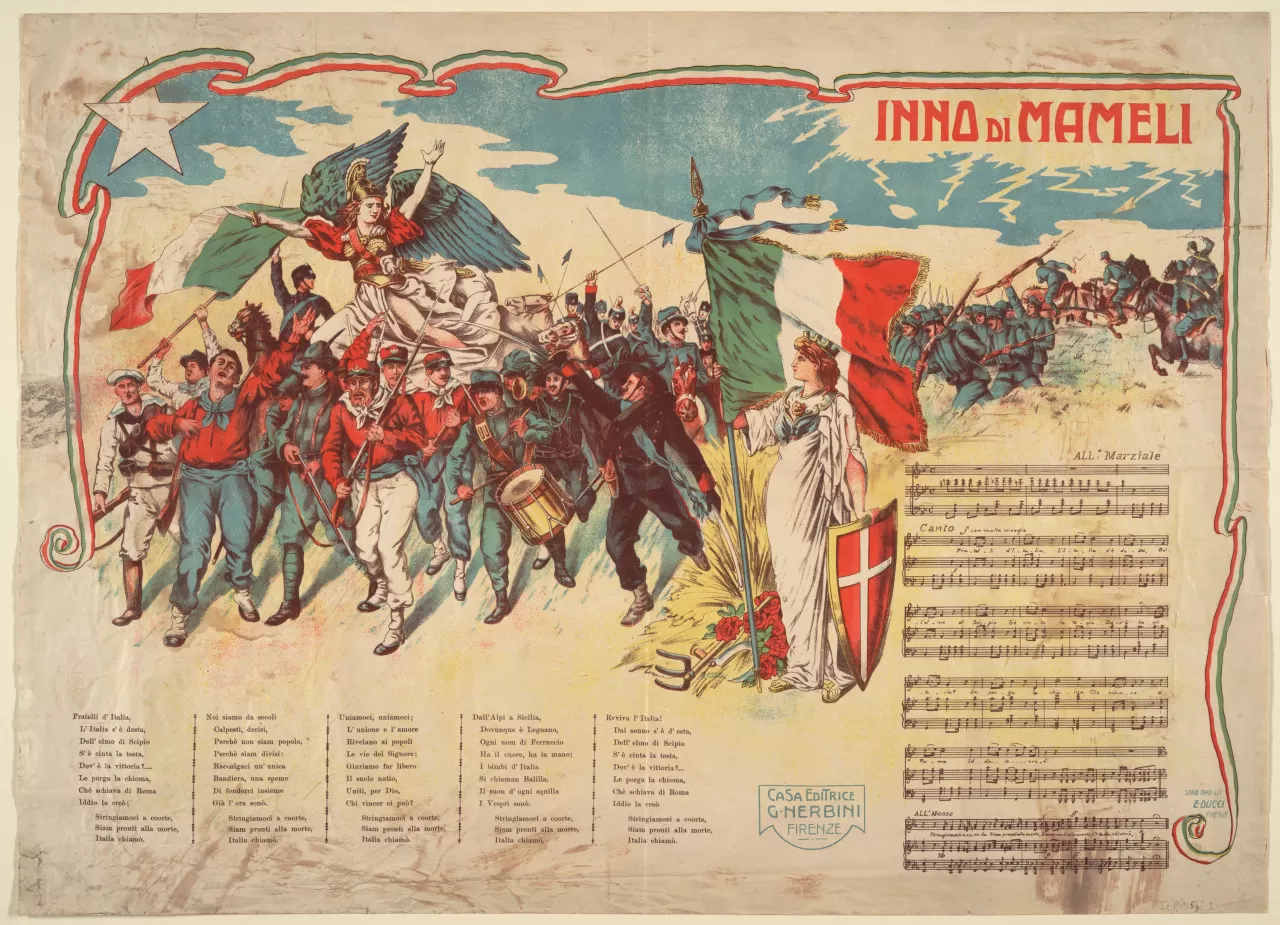 Propagandist poster from 1910 showing anthems lyrics and score of il Canto degli italiani
