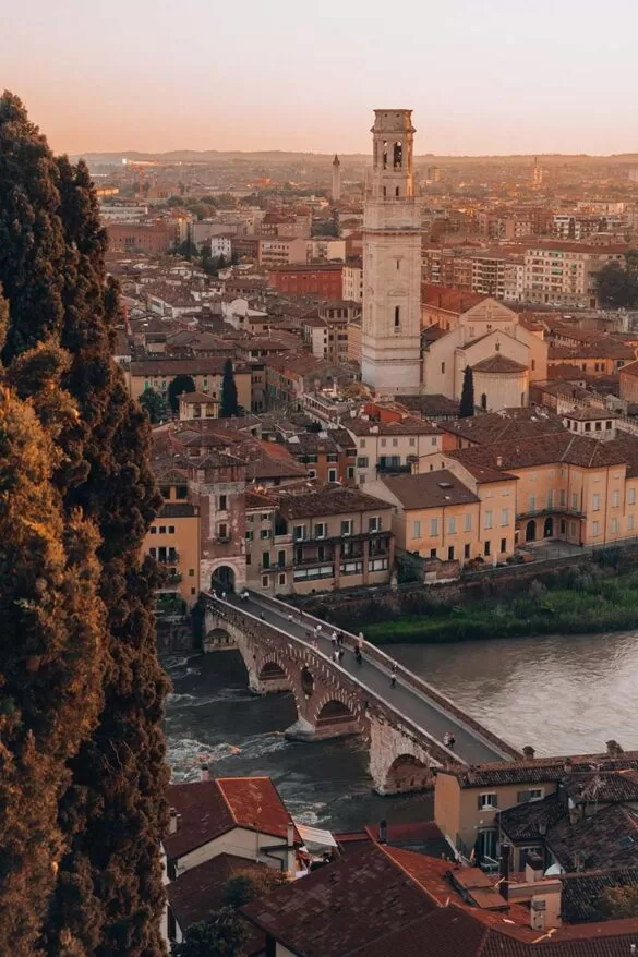 Where to Stay in Verona Italy - View of Ponte Pietra from Castel San Pietro Sunset 03