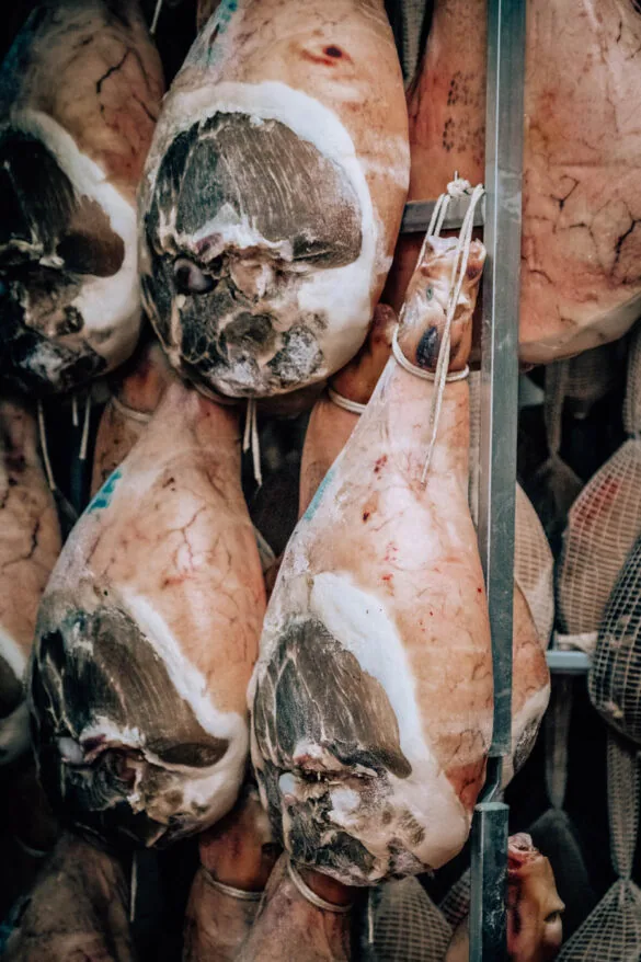BEST Things to do in Parma Italy - Prosciutto di Parma Food tour - Hanging legs of Prosciutto
